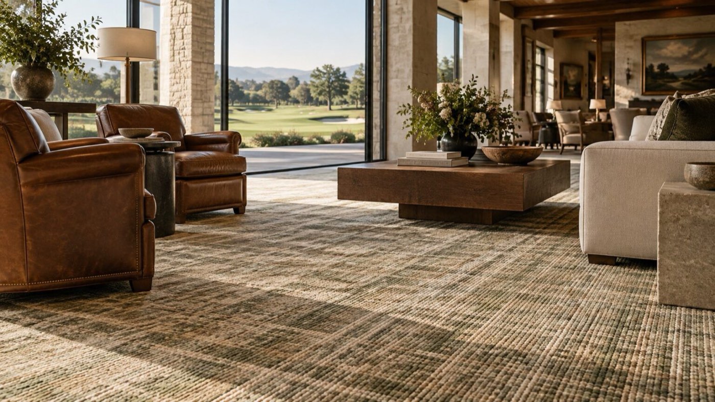 Clubhouse lounge with a woven wool carpet, leather armchairs and a view to the golf course