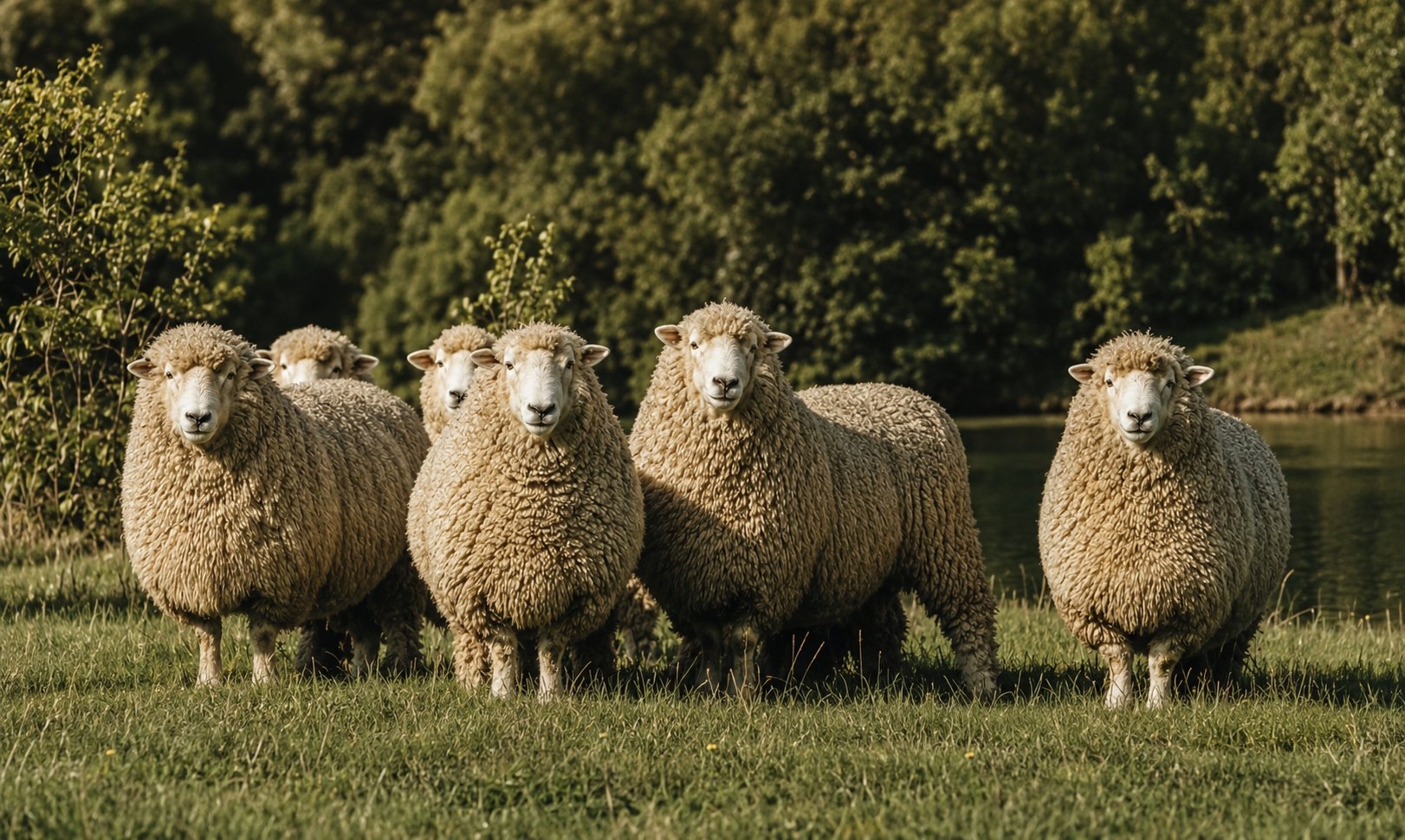 A flock of New Zealand Romney crossbred sheep in full fleece standing on a riverbank pasture, the strong wool source for Fieldmark carpet