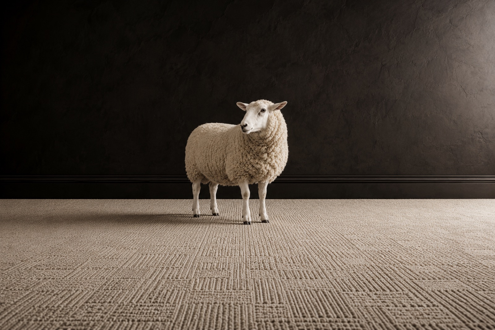 A New Zealand sheep standing on textured Fieldmark wool carpet in a dark studio — fibre and floor from the same chain